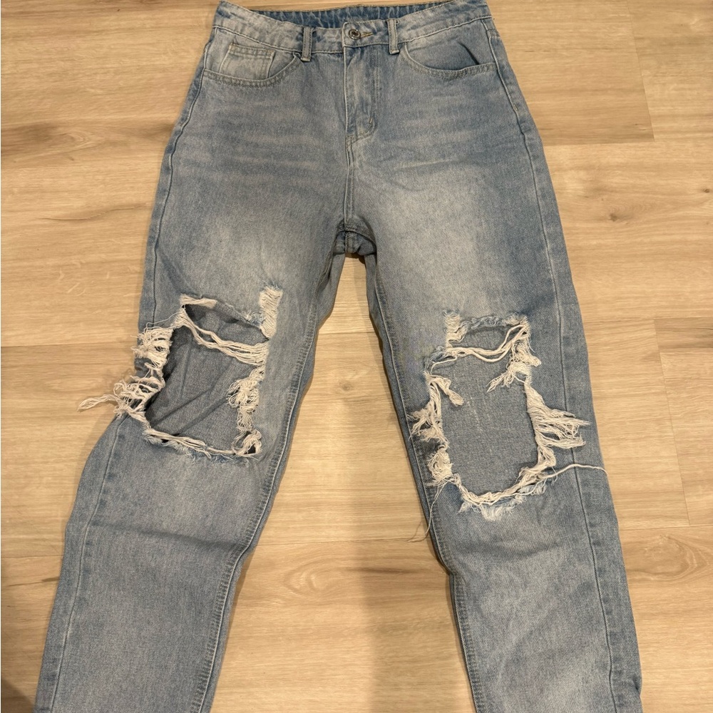 SHEIN Light Blue Distressed Boyfriend Jeans